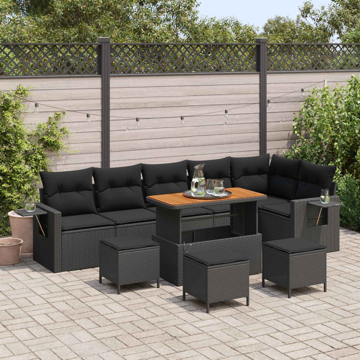 vidaXL Tuinbank Set met kussen 11 pcs Zwart poly rattan