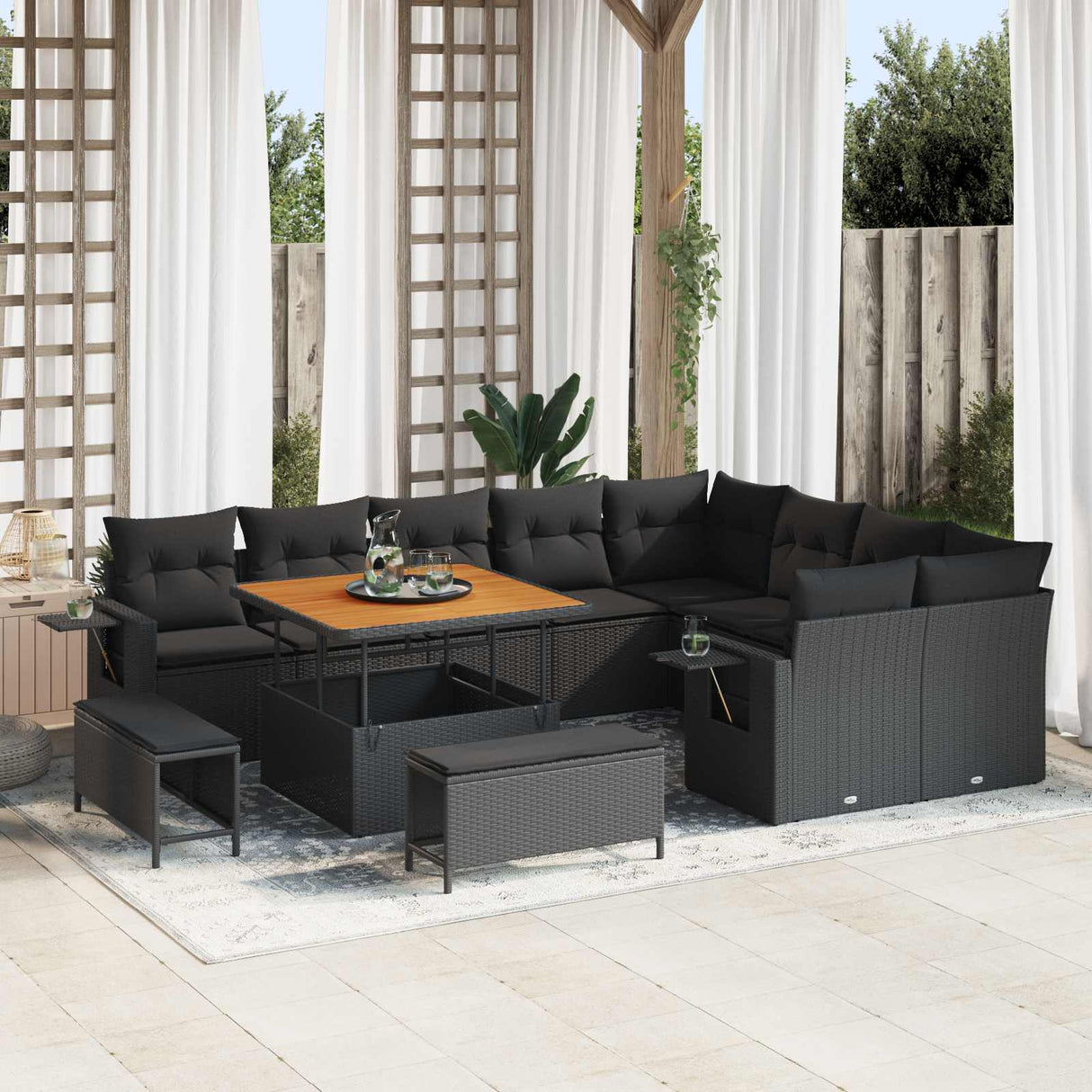 vidaXL Tuinbank Set met kussen 13 pcs Zwart poly rattan