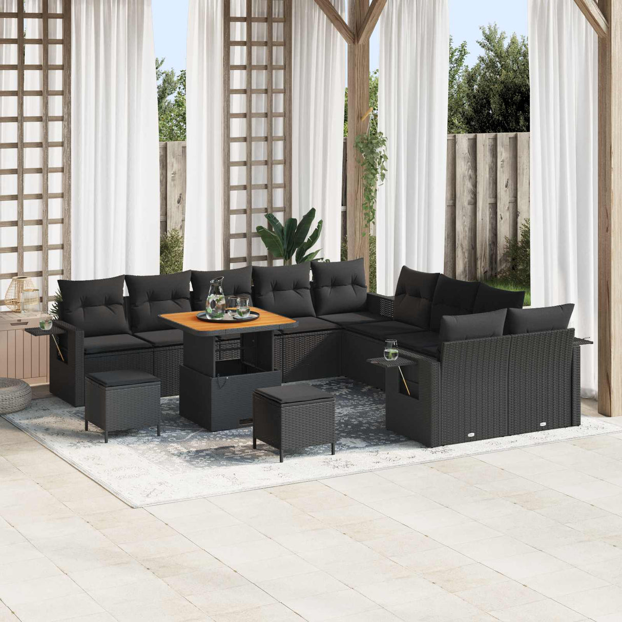 vidaXL Tuinbank Set met kussen met opslag 13 pcs Zwart poly rattan
