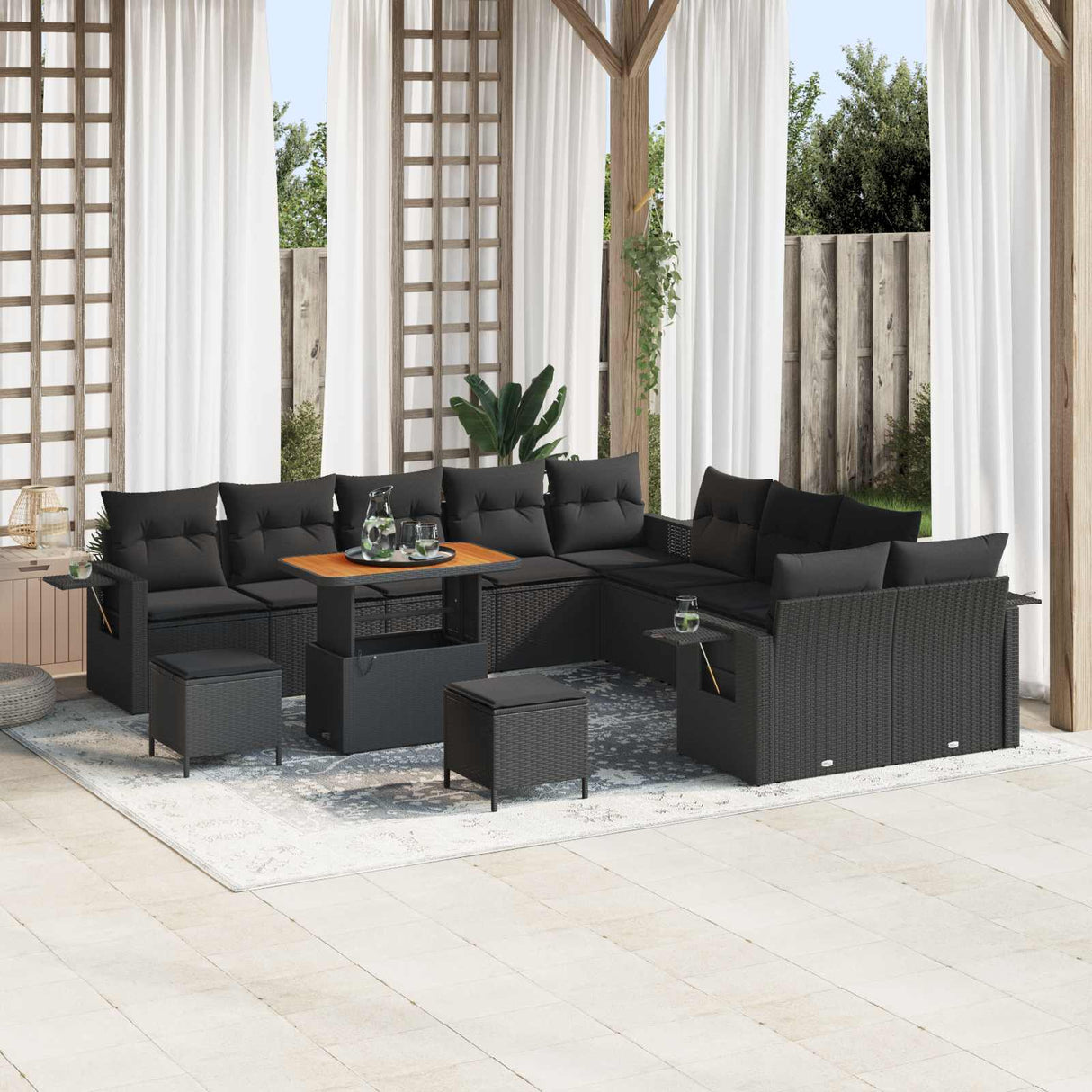 vidaXL Tuinbank Set met kussen met opslag 13 pcs Zwart poly rattan