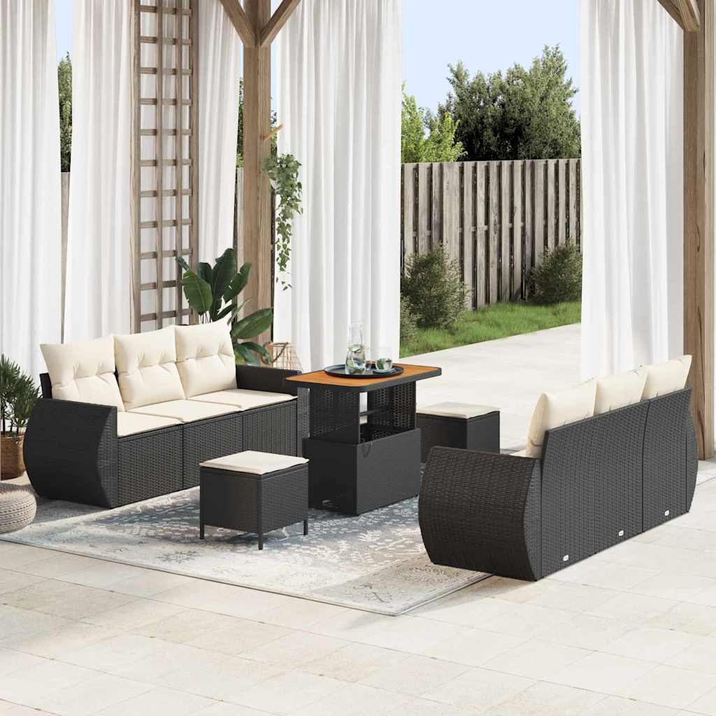 vidaXL Tuinbank Set met kussen met opslag 9 pcs Zwart poly rattan