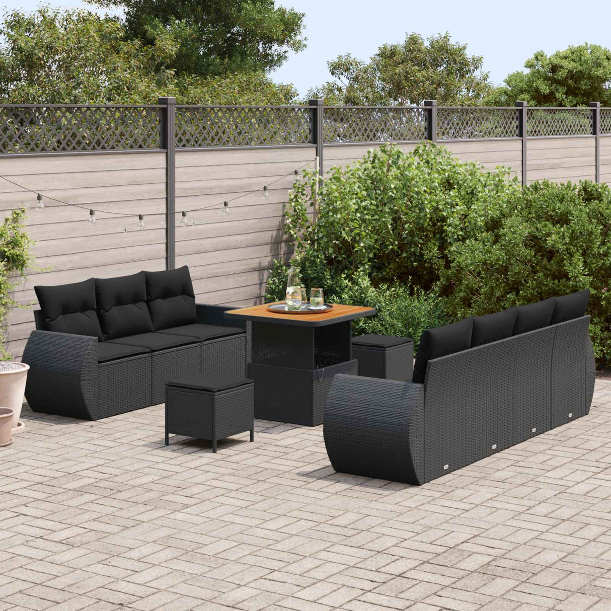 vidaXL Tuinbank Set met kussen met opslag 10 pcs Zwart poly rattan