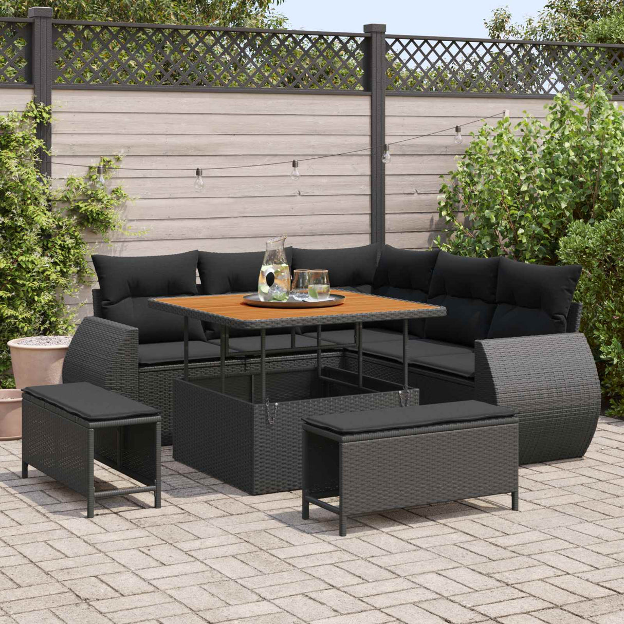 vidaXL Tuinbank Set met kussen met opslag 8 pcs Zwart poly rattan