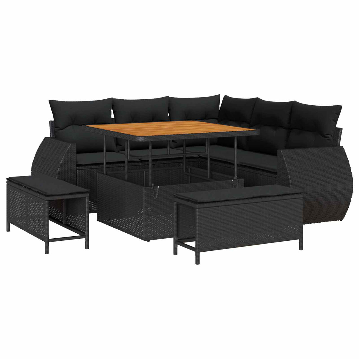 vidaXL Tuinbank Set met kussen met opslag 8 pcs Zwart poly rattan