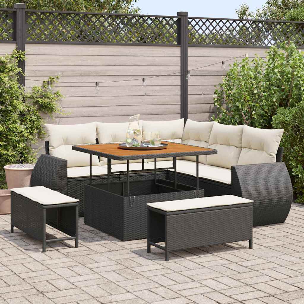 vidaXL Tuinbank Set met kussen met opslag 8 pcs Zwart poly rattan