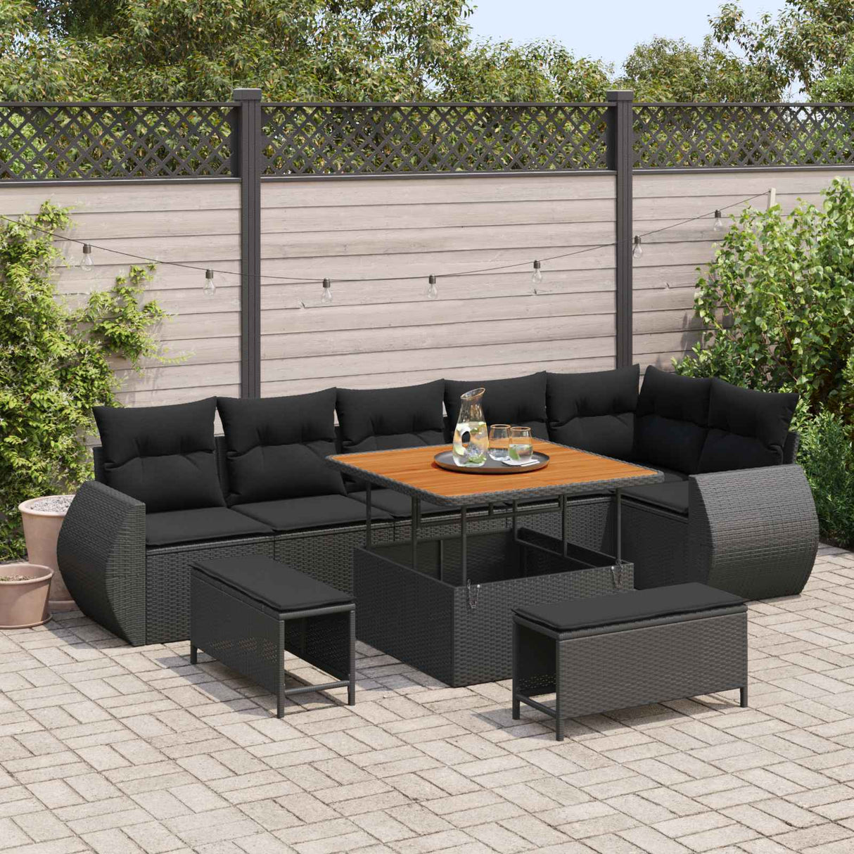 vidaXL Tuinbank Set met kussen met opslag 9 pcs Zwart Poly Riet