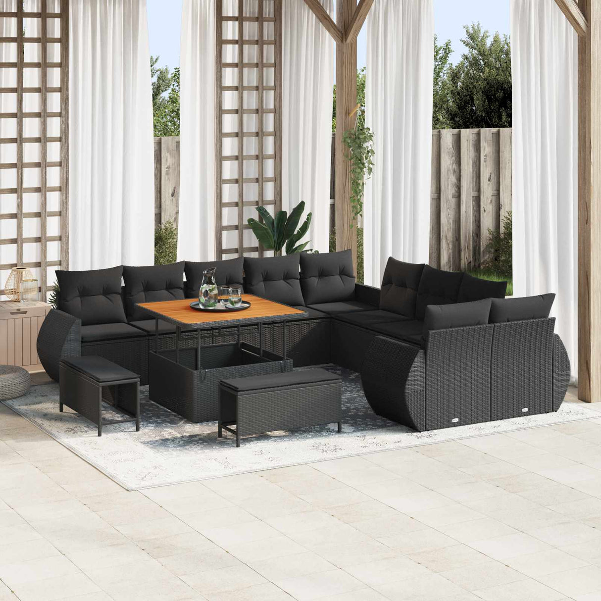 vidaXL Garden Bench Set 13 pcs Black Poly Rattan and Powder-Coated Steel