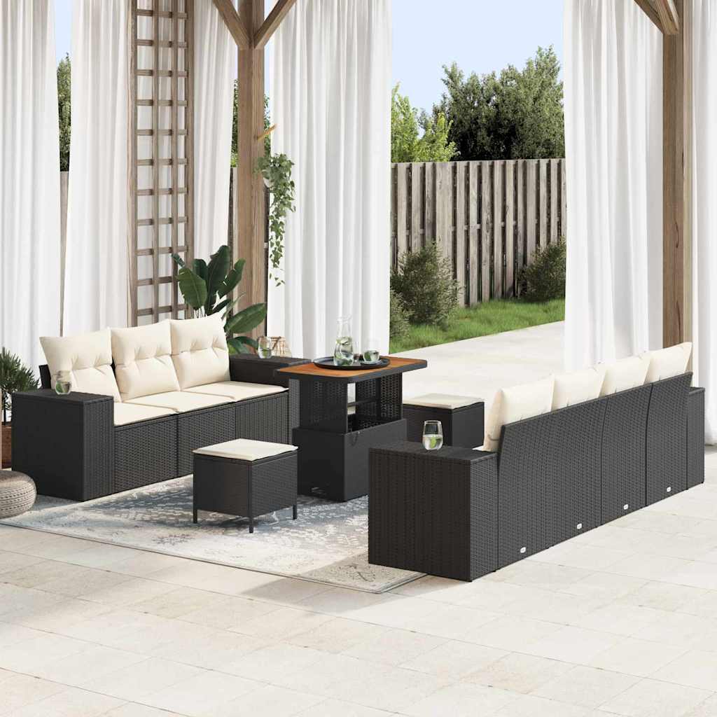 vidaXL Tuinbank Set met kussen met opslag 10 pcs Zwart Poly Riet