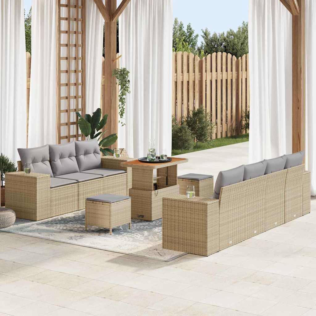 vidaXL Tuinbank Set met kussen met opslag 10 pcs Zwart Poly Riet