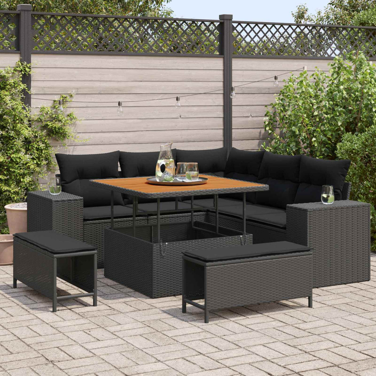 vidaXL Tuinbank Set met kussen met opslag met kussen 8 pcs Zwart