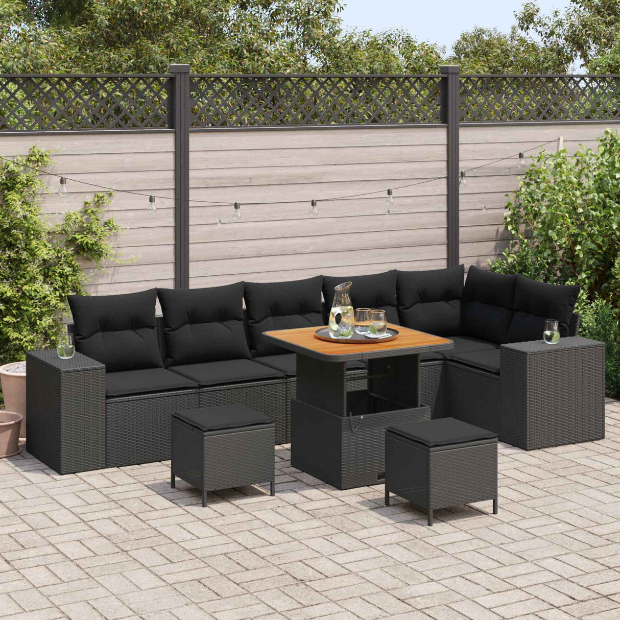 vidaXL Tuinbank Set met kussen 9 pcs Zwart poly rattan