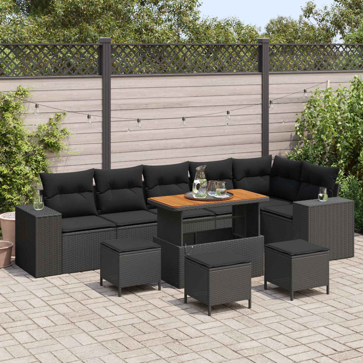 vidaXL Tuinbank Set met kussen 9 pcs Zwart poly rattan