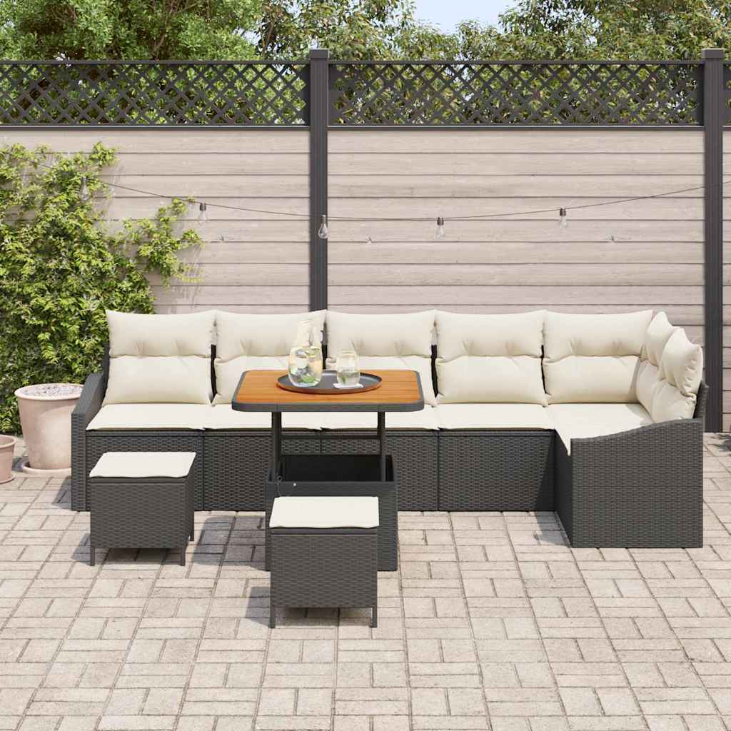 vidaXL Tuinbank Set met kussen met opslag 9 pcs Zwart Poly rattan