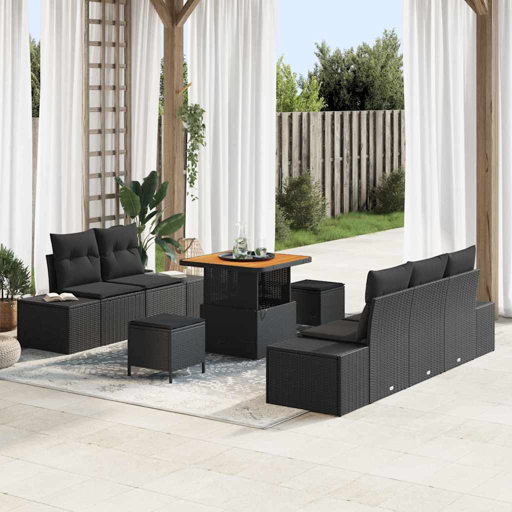 vidaXL Tuinbank Set met kussen met opslag 8 pcs Zwart Poly rattan