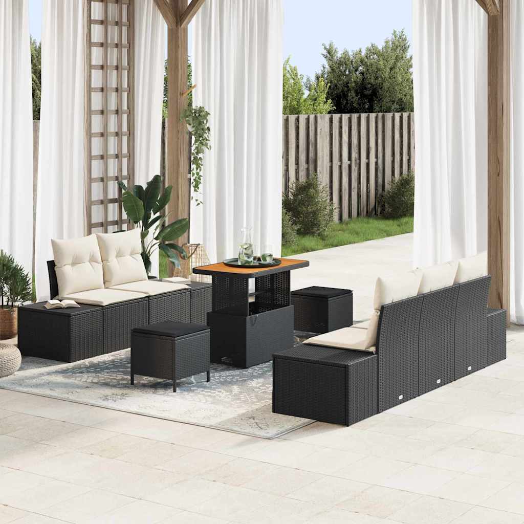 vidaXL Tuinbank Set met kussen met opslag 8 pcs Zwart Poly rattan