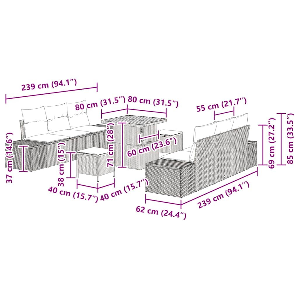 vidaXL Tuinbank Set met kussen met opslag 9 pcs Zwart Poly rattan