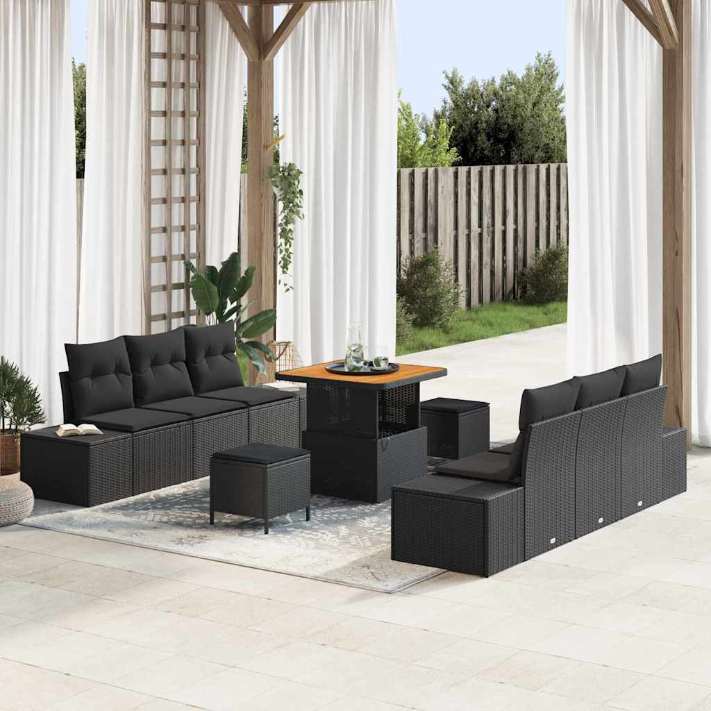 vidaXL Tuinbank Set met kussen met opslag 9 pcs Zwart Poly rattan