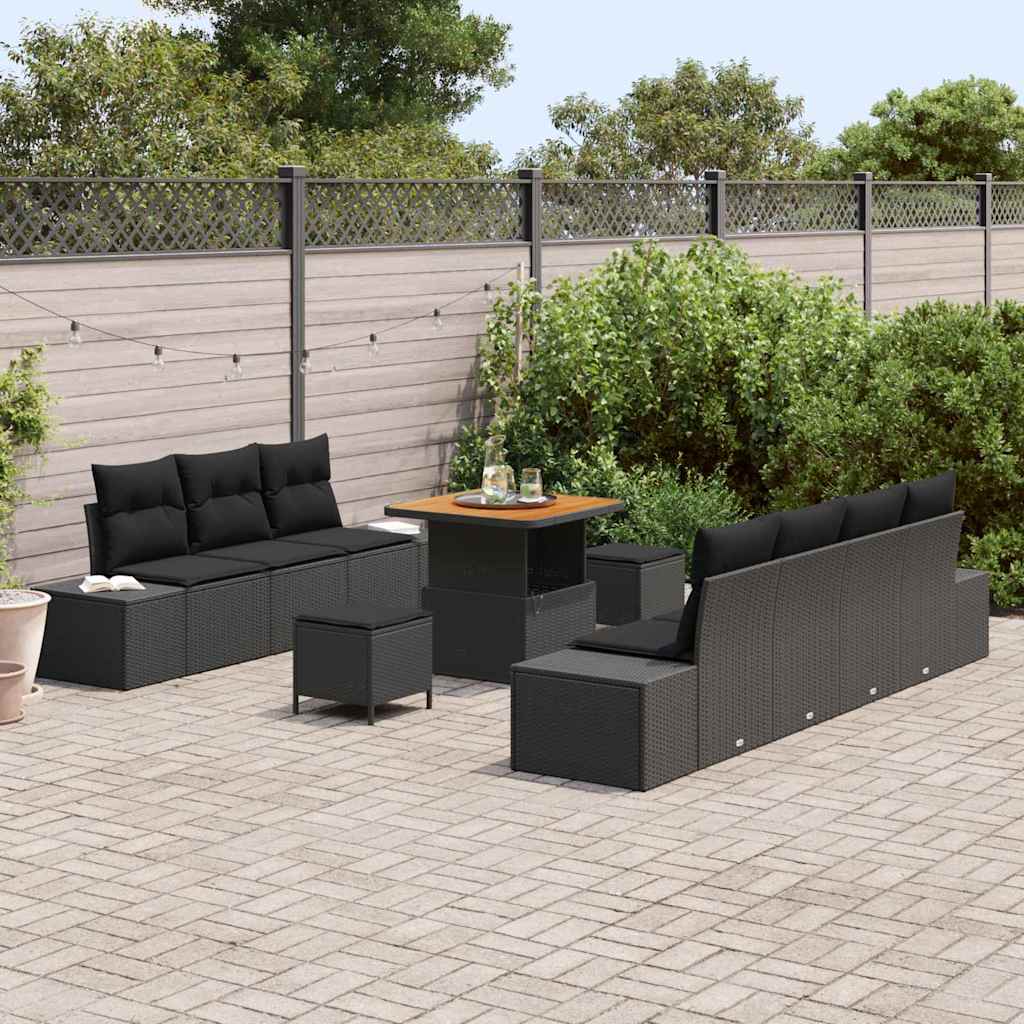 vidaXL Tuinbank Set met kussen met opslag 10 pcs Zwart Poly rattan