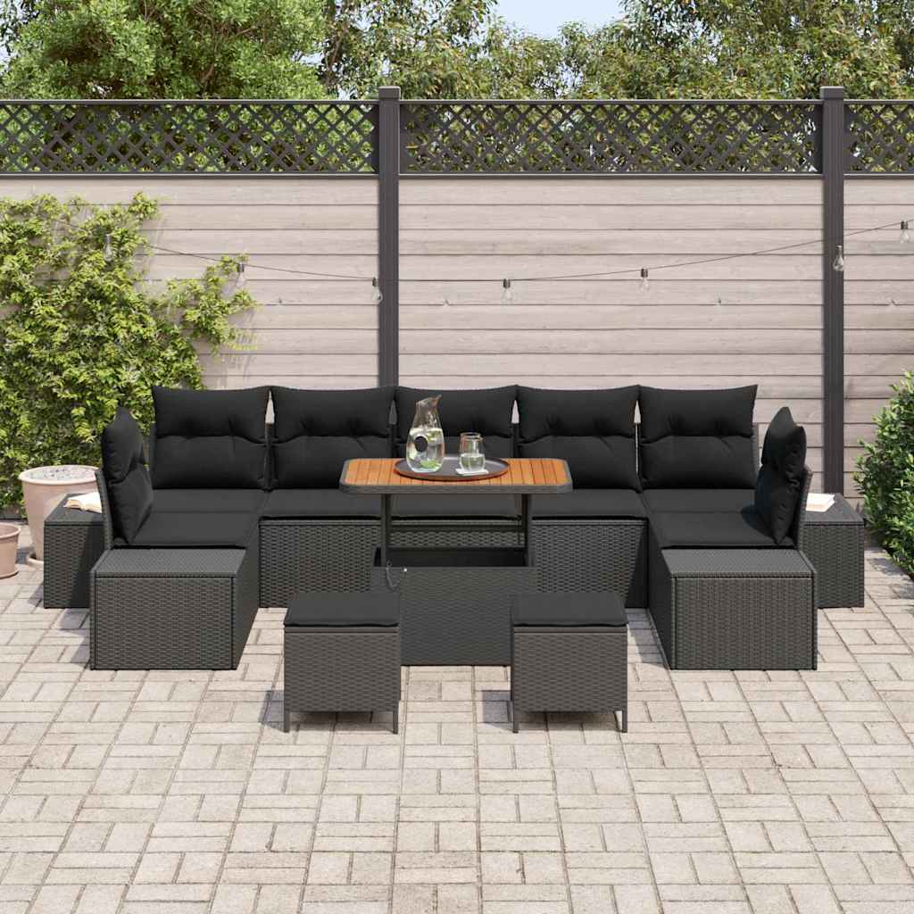 vidaXL Tuinbank Set met kussen met opslag 10 pcs Zwart Poly rattan