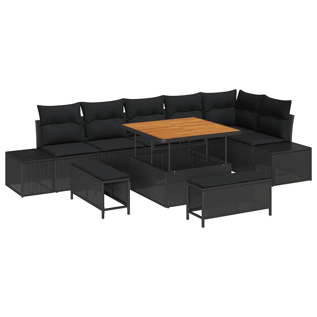 vidaXL Tuinbank Set met kussen met opslag 9 pcs Zwart Poly rattan