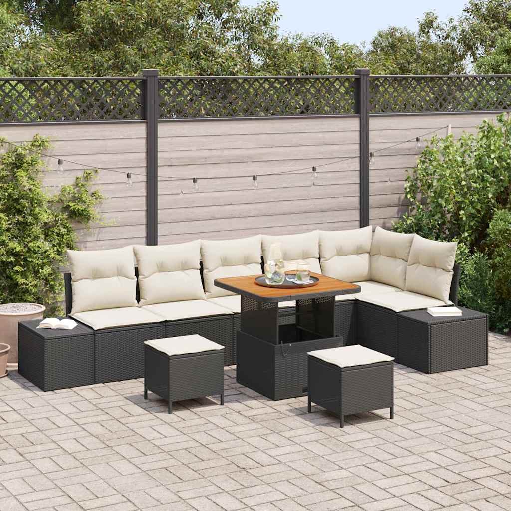 vidaXL Tuinbank Set met kussen met opslag 9 pcs Zwart Poly rattan