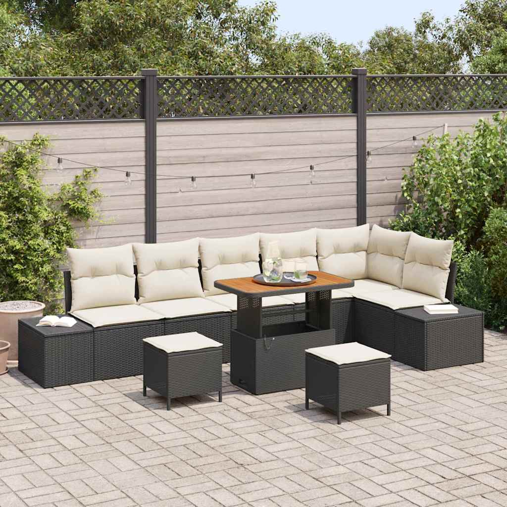 vidaXL Tuinbank Set met kussen met opslag 9 pcs Zwart Poly rattan