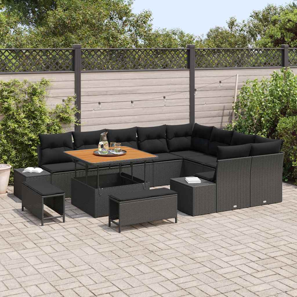 vidaXL Tuinbank Set met kussen met opslag 12 pcs Zwart Poly rattan