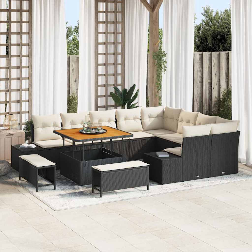 vidaXL Tuinbank Set met kussen met opslag 12 pcs Zwart Poly rattan