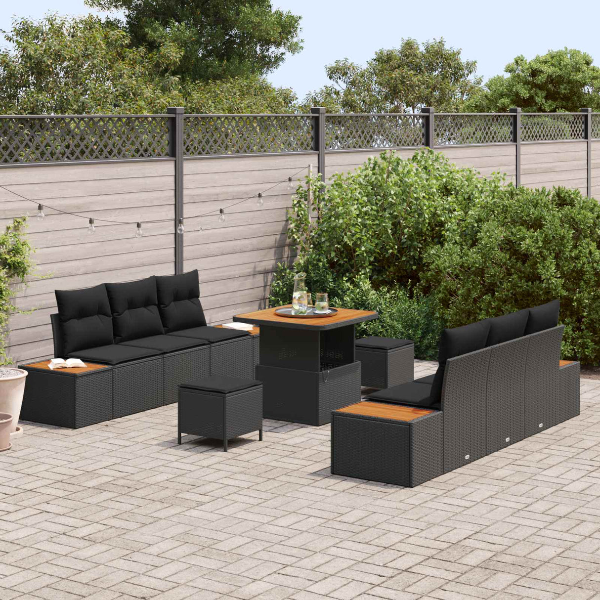 vidaXL Tuinbank Set met kussen met opslag 9 pcs Zwart Poly rattan