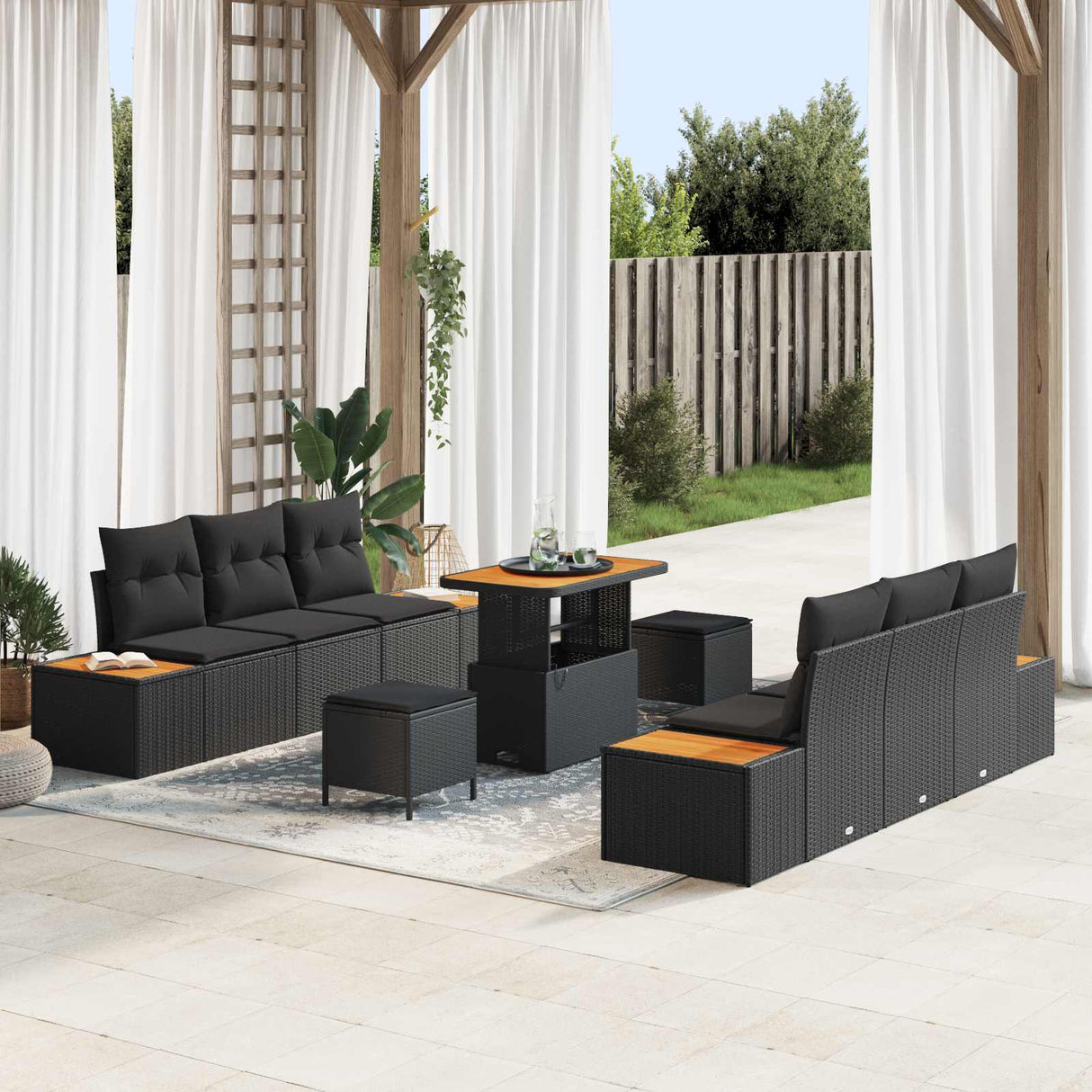 vidaXL Tuinbank Set met kussen met opslag 9 pcs Zwart Poly rattan