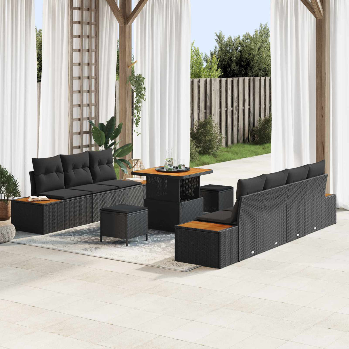 vidaXL Tuinbank Set met kussen met opslag 10 pcs Zwart Poly rattan