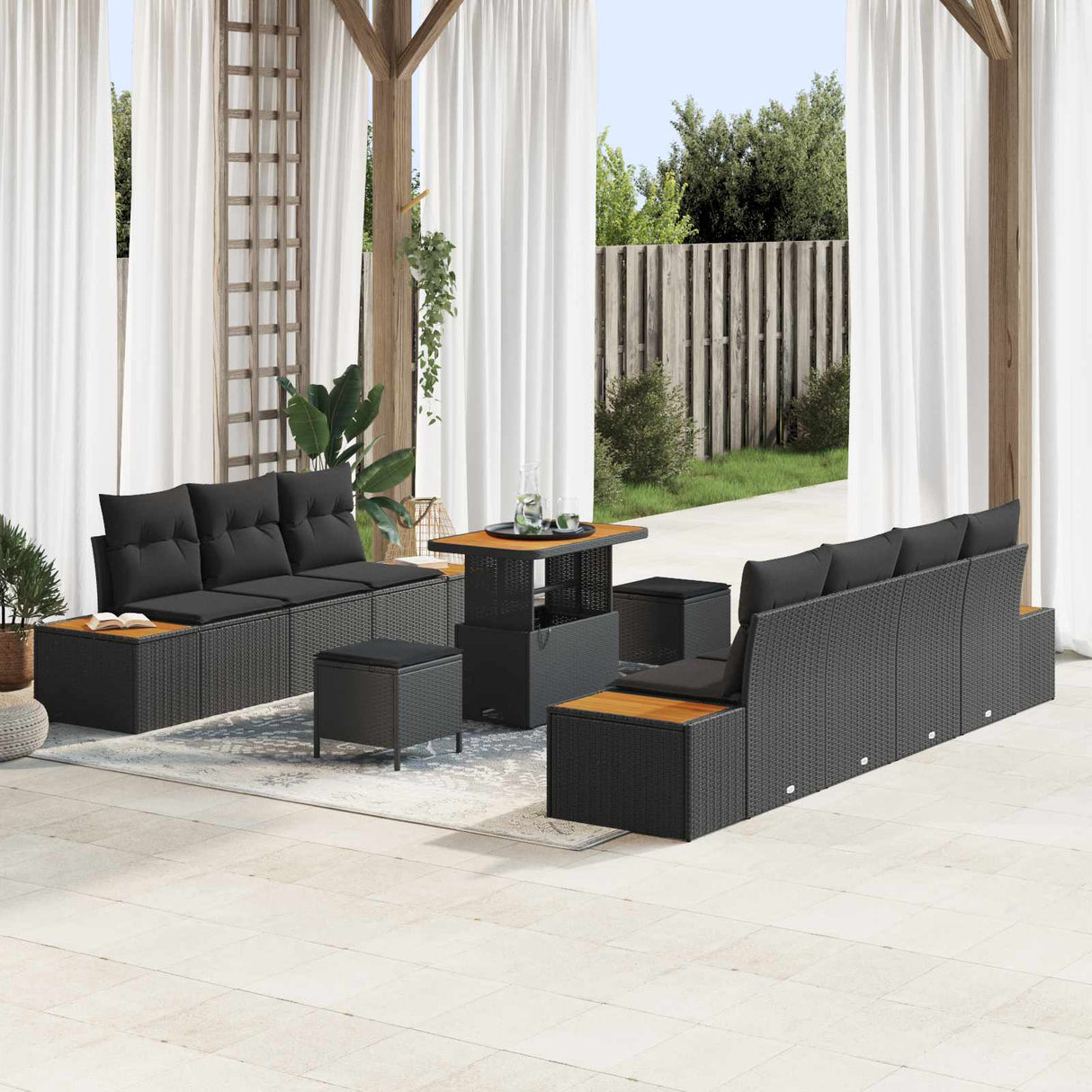 vidaXL Tuinbank Set met kussen met opslag 10 pcs Zwart Poly rattan