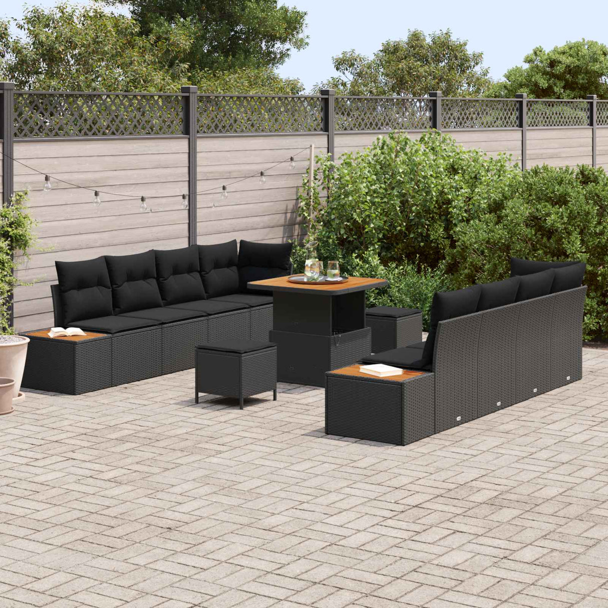 vidaXL Tuinbank Set met kussen met opslag 11 pcs Zwart Poly rattan