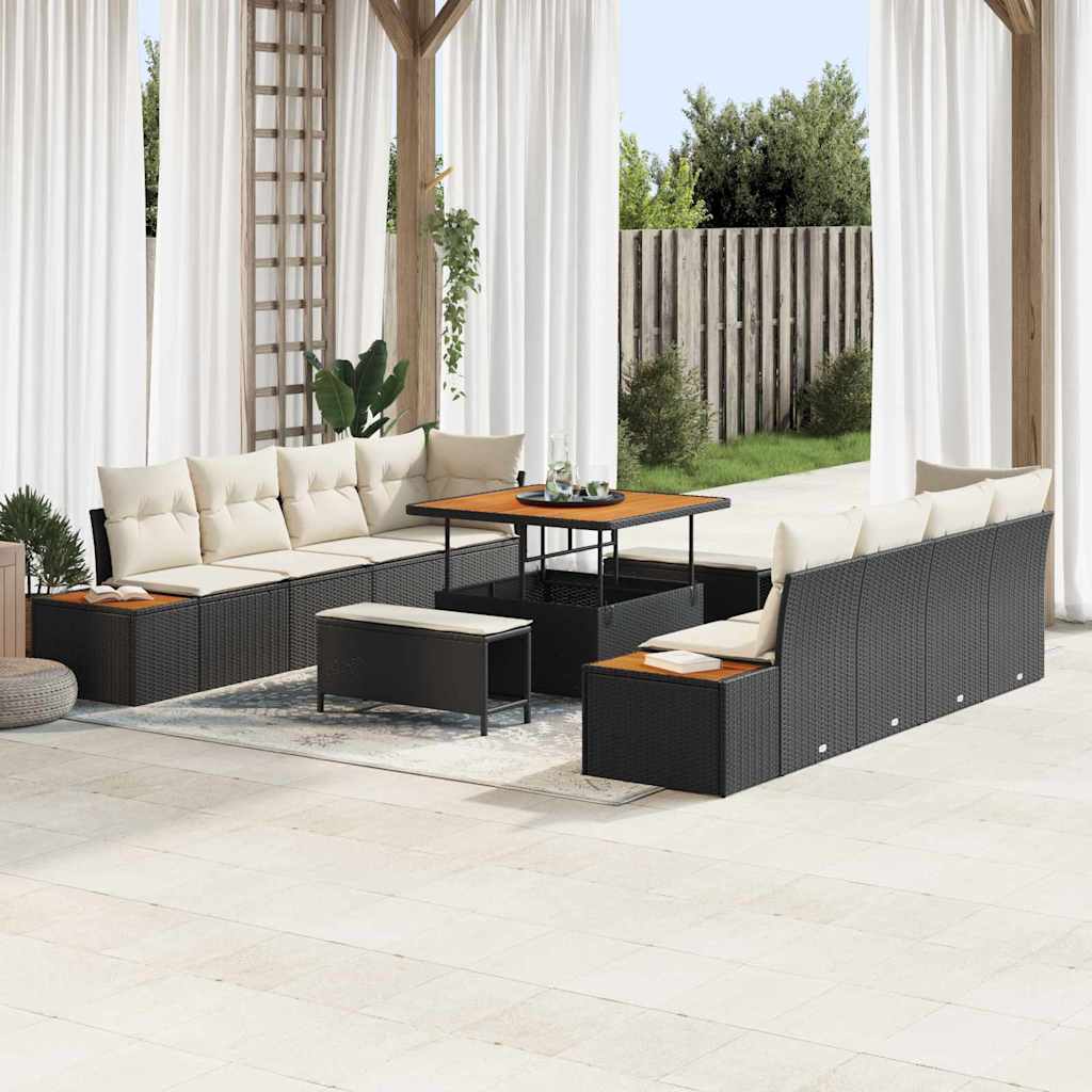 vidaXL Tuinbank Set met kussen met opslag 11 pcs Zwart Poly rattan