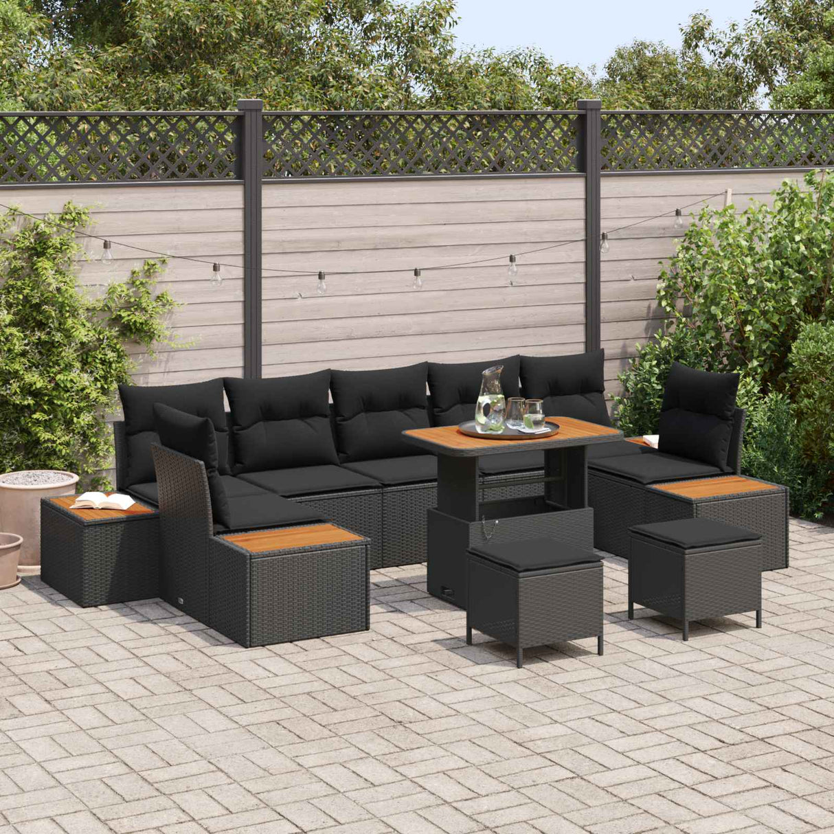 vidaXL Tuinbank Set met kussen met opslag 10 pcs Zwart Poly rattan