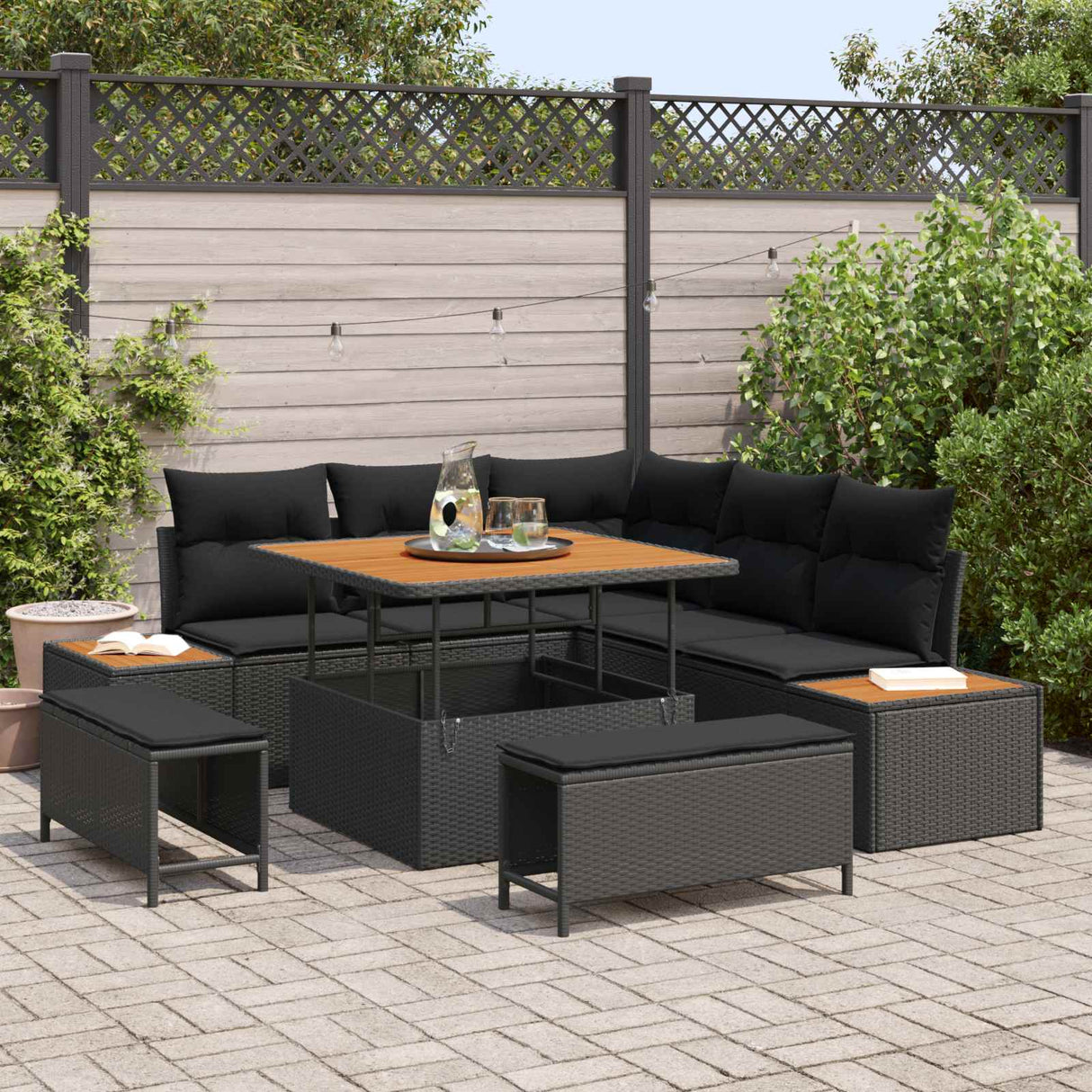 vidaXL Tuinbank Set met kussen met opslag 8 pcs Zwart Poly rattan