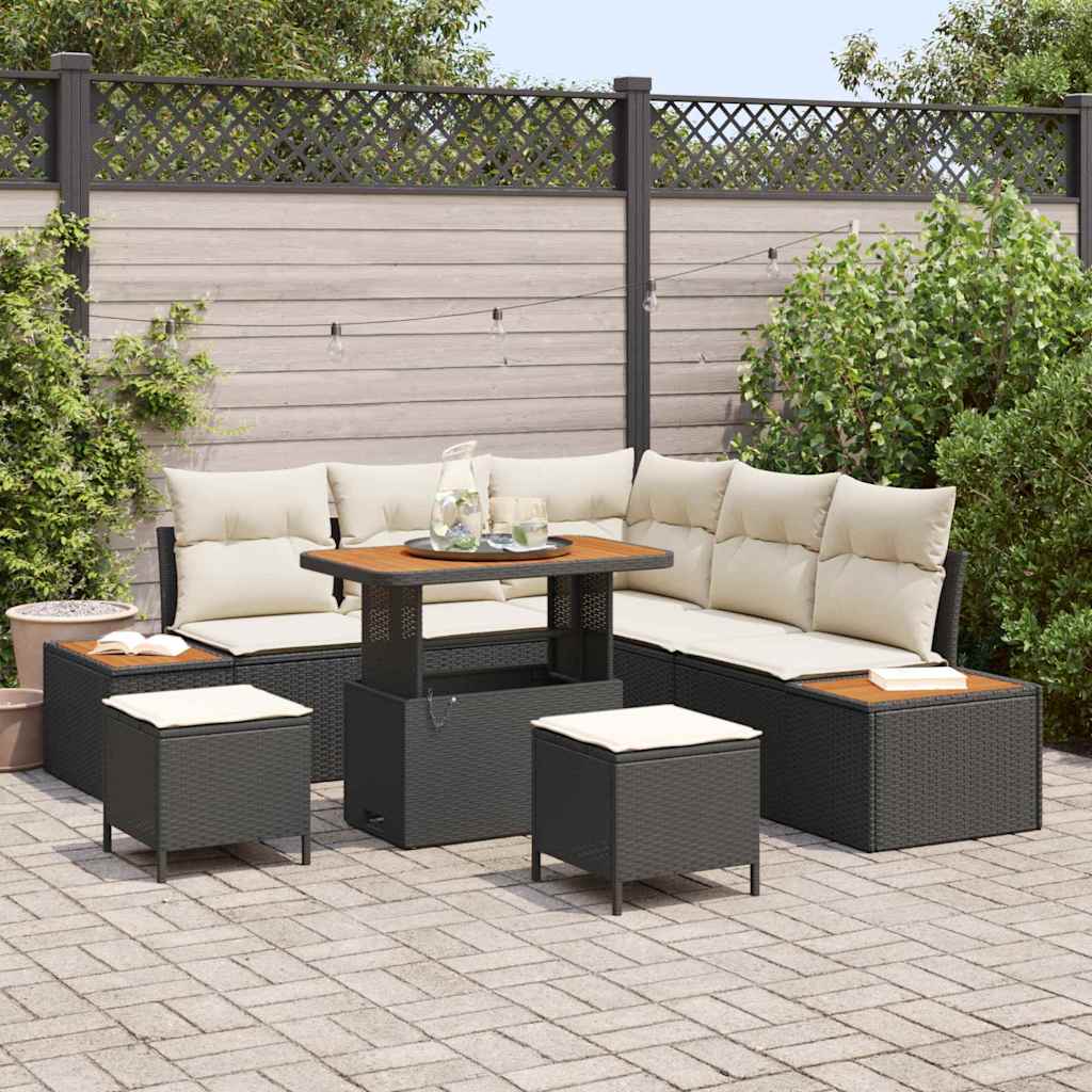 vidaXL Tuinbank Set met kussen met opslag 8 pcs Zwart Poly rattan