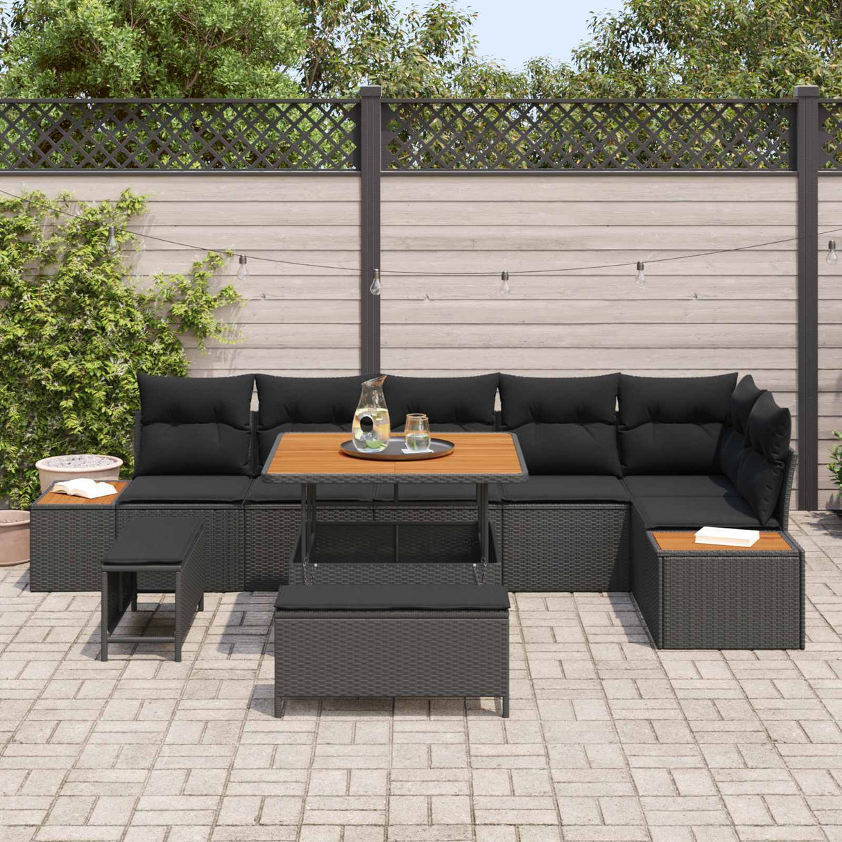 vidaXL Tuinbank Set met kussen met opslag 9 pcs Zwart Poly rattan