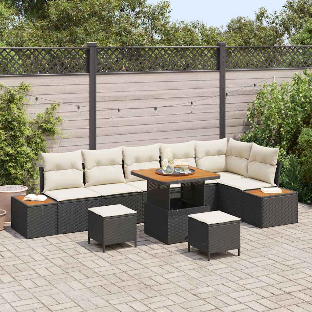 vidaXL Tuinbank Set met kussen met opslag 9 pcs Zwart Poly rattan