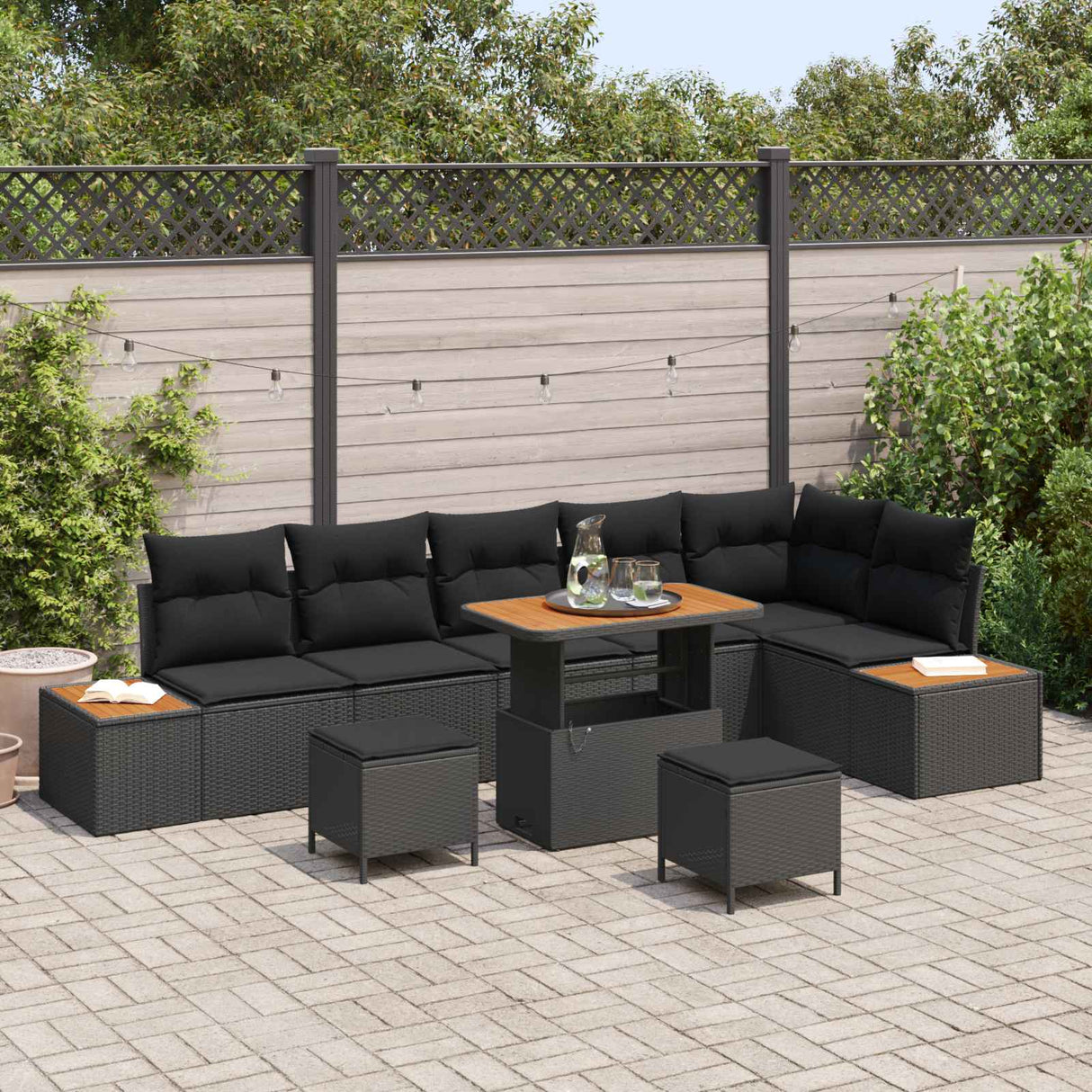 vidaXL Tuinbank Set met kussen met opslag 9 pcs Zwart Poly rattan