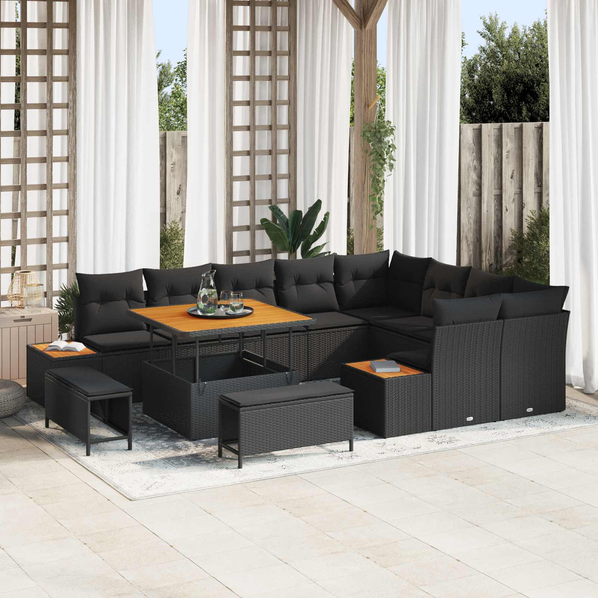 vidaXL Tuinbank Set met kussen met opslag 12 pcs Zwart Poly rattan