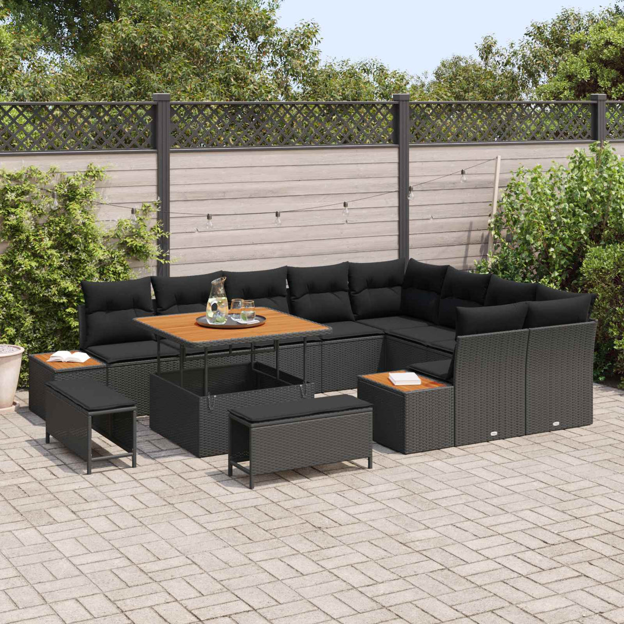 vidaXL Tuinbank Set met kussen met opslag 12 pcs Zwart Poly rattan
