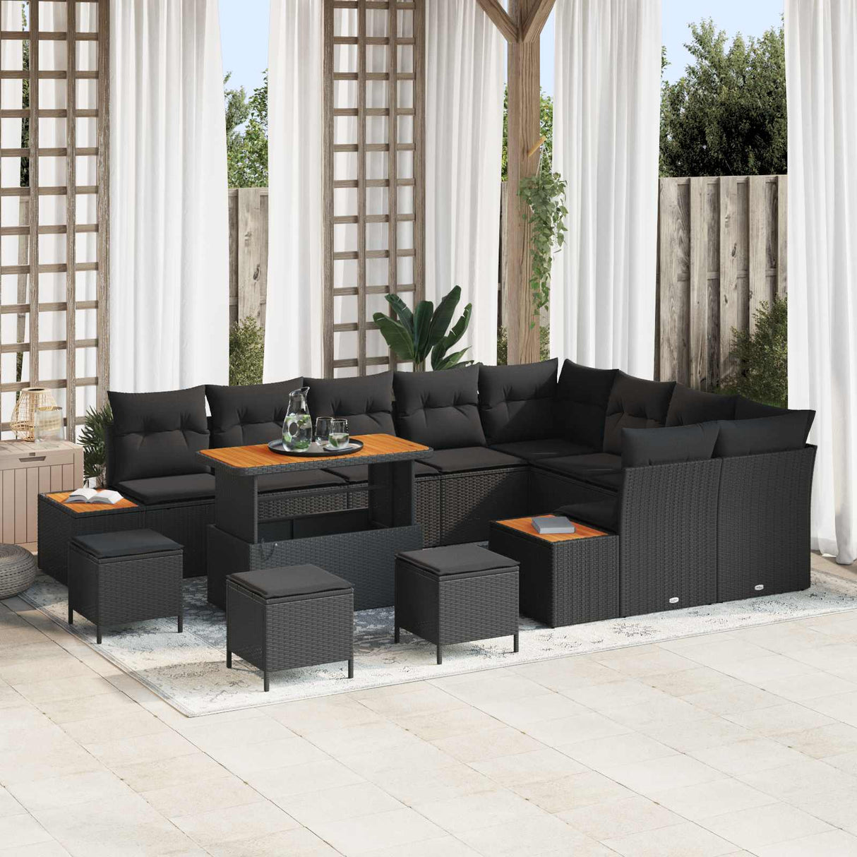 vidaXL Tuinbank Set met kussen met opslag 12 pcs Zwart Poly rattan