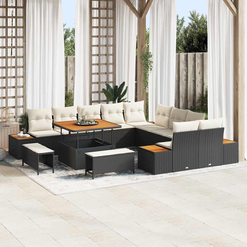 vidaXL Tuinbank Set met kussen met opslag 13 pcs Zwart Poly rattan
