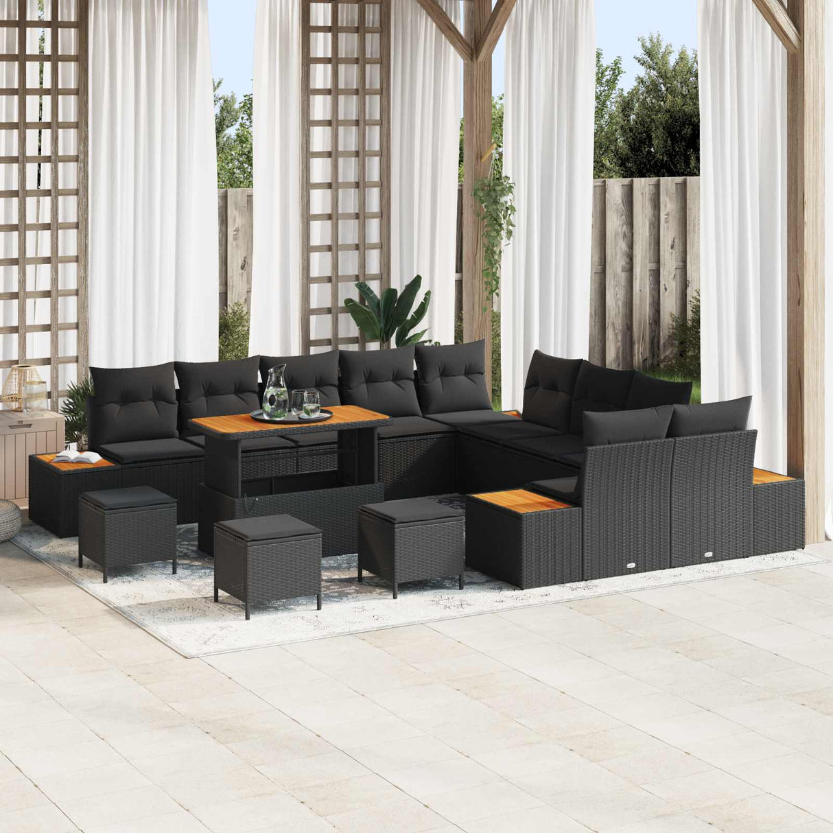 vidaXL Tuinbank Set met kussen met opslag 13 pcs Zwart Poly rattan