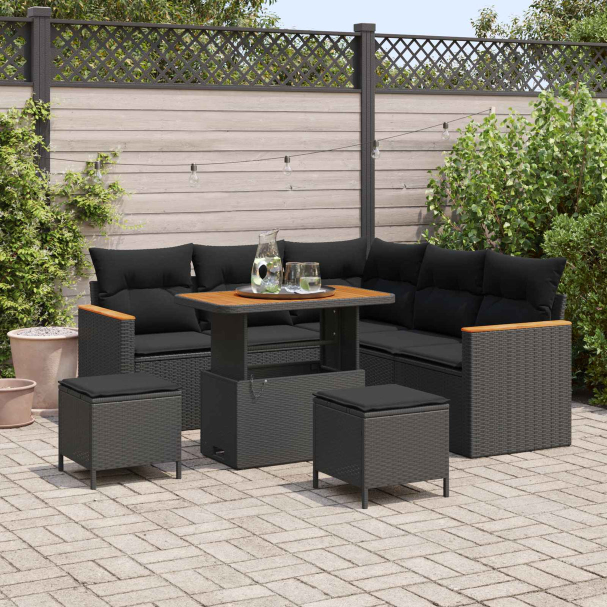 vidaXL Tuinbank Set met kussen 8 pcs Zwart Poly rattan