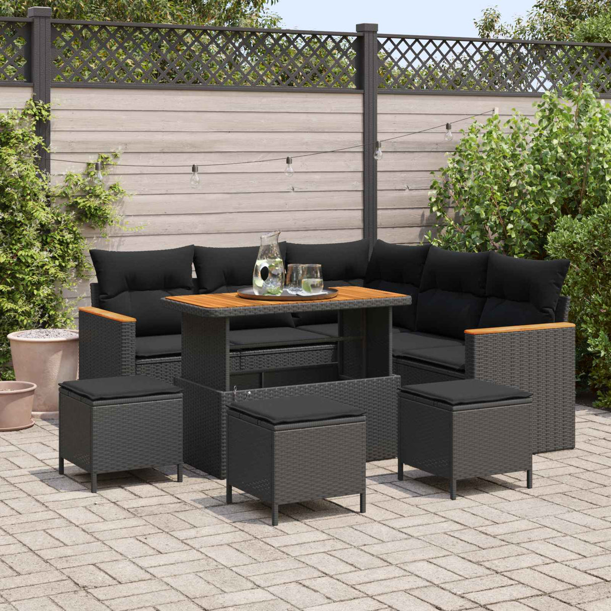 vidaXL Tuinbank Set met kussen 8 pcs Zwart Poly rattan