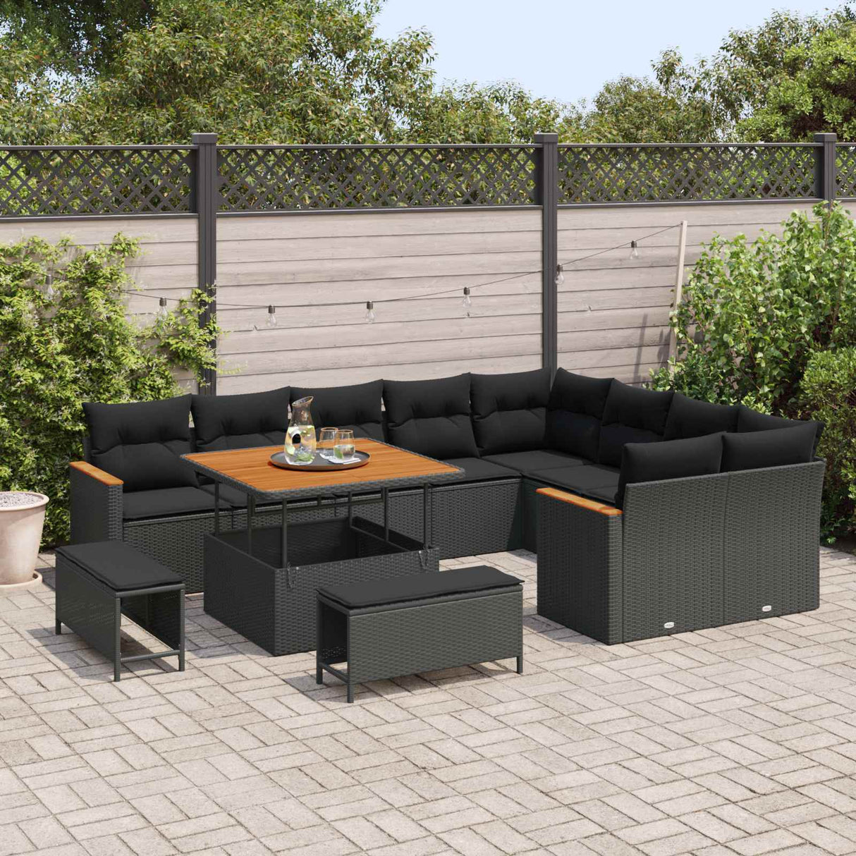 vidaXL Tuinbank Set met kussen met opslag 12 pcs Zwart Poly Riet