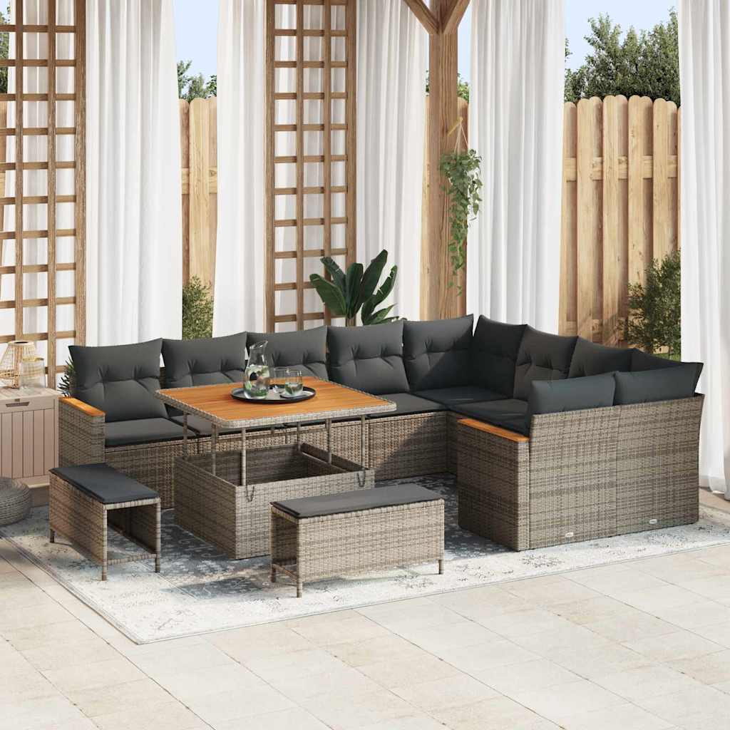 vidaXL Tuinbank Set met kussen met opslag 12 pcs Zwart Poly Riet