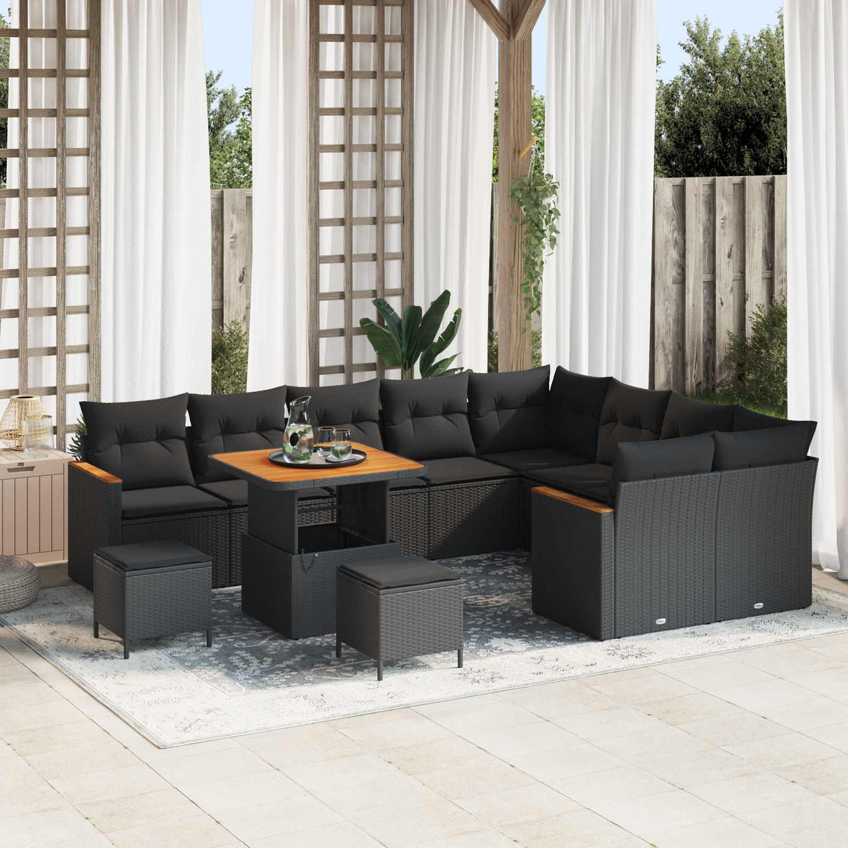 vidaXL Tuinbank Set met kussen met opslag 12 pcs Zwart Poly Riet